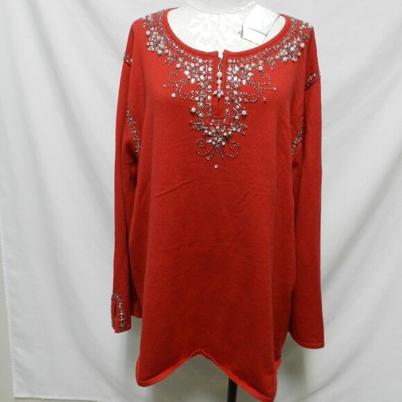 Quacker Factory Sequin Beaded knit red Christmas Sweater Top Size Sz XXXL 3X - Picture 2 of 11